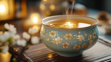 A ceramic bowl adorned with floral patterns holds steaming tea. Soft candlelight reflects on the liquid, while delicate cherry blossoms add a calming touch to the tranquil atmosphere. photo