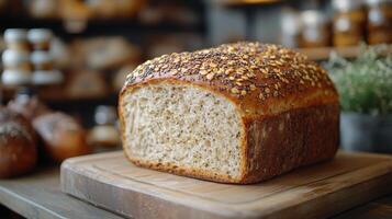 A whole grain loaf with a golden crust and topped with seeds is sliced to showcase its soft interior. The bread is placed on a wooden cutting board surrounded by a charming bakery ambiance. photo