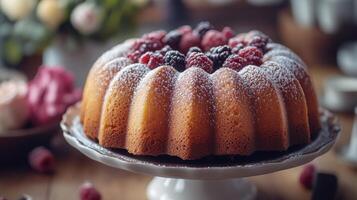 A beautifully baked bundt cake sits elegantly on a white pedestal. It is adorned with fresh raspberries and blackberries, dusted with powdered sugar, enhancing its appealing look. photo