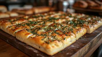 Warm focaccia bread, golden and fluffy, is topped with fresh herbs on a rustic wooden board inside a welcoming bakery. The aroma of baking fills the air, inviting customers. photo