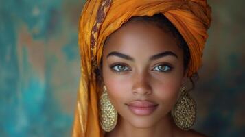 A woman with striking blue eyes and curly hair wears an elaborate orange headwrap. Her gold earrings complement her graceful features, highlighting cultural elegance in a tranquil atmosphere. photo