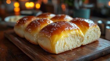 Golden-brown dinner rolls sit on a wooden platter, glistening with a shiny glaze. Their fluffy texture and warm appearance make them an inviting addition to any table setting. photo