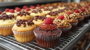 Cupcakes with diverse toppings sit neatly on wire racks in a bakery. The display features colorful options including chocolate, raspberry, and nuts, appealing to dessert lovers. photo