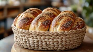 A woven basket filled with warm, golden-brown bread rolls sits on a wooden counter in a charming bakery. The rolls are crusty and sprinkled with sesame seeds. photo