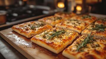 Soft focaccia bread emerges from the oven, topped with fragrant rosemary and green olives. The warm kitchen ambience enhances the delicious aroma, inviting all who enter. photo