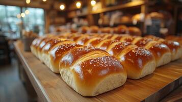 A variety of soft, golden-brown bread rolls are beautifully arranged on a wooden table. The cozy bakery has warm lighting and inviting shelves in the background. photo