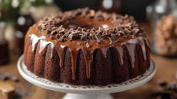A rich chocolate cake sits elegantly on a decorative stand, adorned with chocolate shavings and a smooth chocolate glaze, creating an inviting dessert display. photo