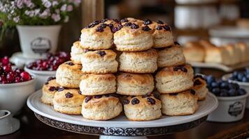 A tall stack of freshly baked scones adorned with dried cranberries sits on a decorative plate in a welcoming cafe. The setting is bright and inviting, perfect for enjoying baked goods. photo