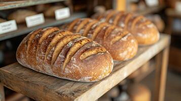 panes de crujiente artesanal un pan son forrado arriba en un de madera estante en un acogedor panadería. el calentar atmósfera Destacar el textura y dorado corteza, atractivo visitantes a disfrutar Fresco pasteles foto
