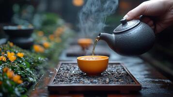 A delicate hand pours steaming tea from a dark pot into a vibrant orange cup. Surrounding greenery and flowers create a peaceful and aromatic experience. photo