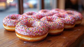 Freshly baked donuts with vibrant pink frosting and colorful sprinkles are arranged neatly on a wooden table. This inviting setup in a cozy cafe captures the essence of a delightful morning treat. photo