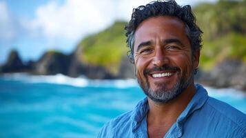 A joyful man with a beard is standing on a beautiful tropical beach, surrounded by clear blue water and lush greenery. The sun shines brightly, enhancing the vibrant colors of the scene. photo