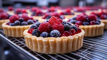 Colorful fruit tarts, topped with assorted berries and sugar, sit cooling on a rack in a bustling bakery during the morning. The vibrant colors attract attention. photo