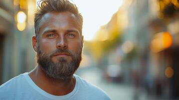 A man with a thick beard stands confidently in an urban street during sunset. Warm light illuminates his features as people and shops create a lively background. photo