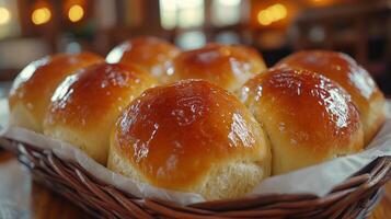 Soft and shiny dinner rolls are arranged in a woven basket, sparkling under warm lights in a welcoming restaurant. Perfect for sharing during a delightful meal. photo