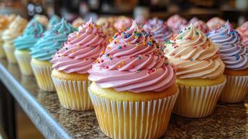 A vibrant assortment of freshly baked cupcakes is arranged on a countertop in a bakery. Each cupcake features swirls of colored frosting and is topped with colorful sprinkles. photo