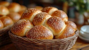 Soft, golden-brown bread rolls topped with sesame seeds fill a wicker basket, creating an inviting atmosphere in a local bakery during daylight. photo