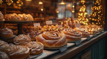 A charming bakery glows softly at dusk, highlighting a beautiful selection of pastries, rolls, and desserts adorned with fairy lights, inviting passersby to indulge. photo