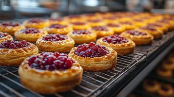 A row of beautifully crafted pastries filled with vibrant cherry topping cools on wire racks in a bustling bakery. The environment is warm and inviting, showcasing the skill of bakers. photo
