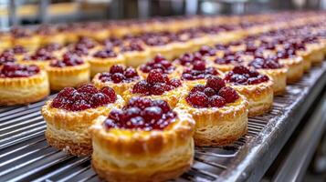 Rows of freshly baked pastries are placed on cooling racks in a bustling bakery. Each tart is topped with glistening red fruit, showcasing the delightful craftsmanship and culinary skill. photo