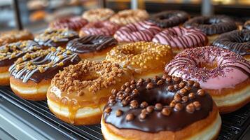 A tempting array of donuts is beautifully presented on display at a bakery. Various flavors and toppings are visible, inviting customers to indulge in sweet treats. photo