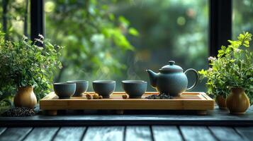 A charming tea set with steaming cups sits on a wooden tray surrounded by herbs, creating a peaceful atmosphere perfect for relaxation and mindfulness. photo