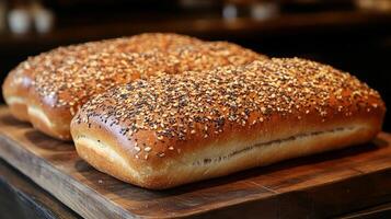 Freshly baked bread rolls with a golden crust and topped with sesame and poppy seeds rest on a wooden board in a warm, inviting bakery setting. photo