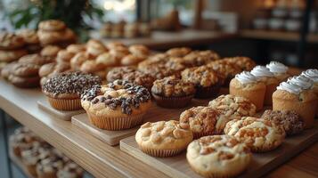 A variety of muffins and pastries are arranged neatly on wooden shelves in a charming bakery. The soft morning light highlights the delicious treats, creating an inviting atmosphere. photo