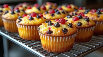 A batch of muffins is cooling on a wire rack, decorated with colorful berries. The warm kitchen setting enhances the inviting atmosphere, suggesting a homemade treat. photo