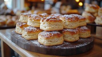 Soft, flaky biscuits are piled high on a wooden platter, lightly dusted with flour in a warm, inviting bakery filled with the aroma of baked goods. photo
