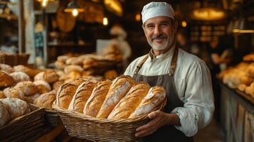 A skilled baker stands proudly in a bustling bakery, holding a large basket filled with warm, crusty loaves of bread. The warm ambiance highlights the artisanal process. photo