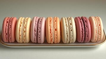 A selection of macarons in pastel shades sits elegantly on a plate. The delicate confections feature various flavors, drawing attention with their vibrant colors and crisp texture. photo