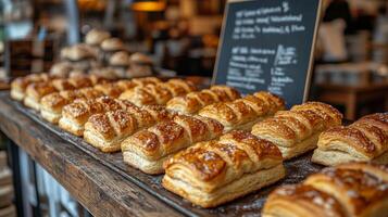 Rows of golden pastries are beautifully arranged on a wooden display at a bustling bakery. Customers enjoy a warm atmosphere while selecting their treats. photo