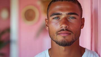 A young man stands confidently in front of a vibrant pink wall. His striking blue eyes and well-groomed beard enhance his relaxed appearance, capturing a moment of casual elegance. photo