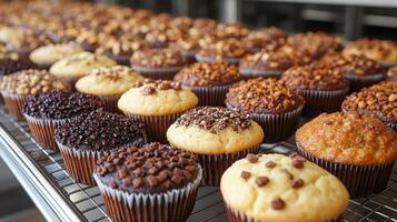 A variety of cupcakes are neatly arranged on a cooling rack in a bakery. The colorful treats feature diverse toppings such as nuts and chocolate chips, showcasing a tempting selection. photo