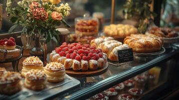 An inviting bakery showcases a variety of pastries, including raspberry tarts and cream-filled treats. Fresh flowers add elegance to the display, creating a warm atmosphere. photo