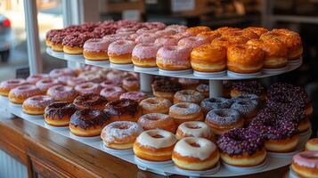 A vibrant display of assorted doughnuts is arranged on a tiered stand, showcasing various flavors and toppings in a welcoming bakery setting. photo