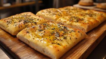 cálido, dorado focaccia un pan coronado con aromático hierbas se sienta en un de madera tablero. esta recién horneado un pan es Perfecto para compartiendo a un reunión o disfrutando con un comida. foto
