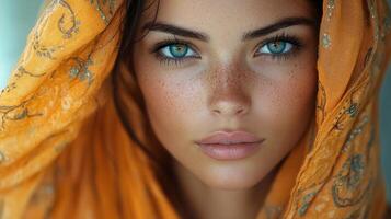 A young woman with blue eyes and freckles gazes directly at the viewer, her head wrapped in an intricately patterned orange scarf, creating an intimate atmosphere. photo