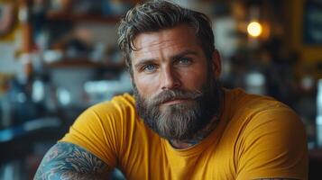 A man with striking blue eyes, a full beard, and visible tattoos leans against a table in a lively cafe. The warm lighting creates an inviting atmosphere, highlighting his features. photo