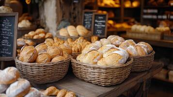 Baskets filled with a variety of freshly baked breads are arranged on a wooden table in a cozy bakery. Warm lighting enhances the inviting atmosphere. photo