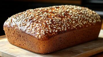 A loaf of freshly baked whole grain bread, rich in texture and flavor, is topped with sesame seeds and rests on a wooden cutting board, inviting enjoyment. photo