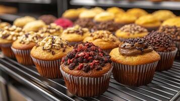 A variety of colorful cupcakes with different toppings are neatly arranged on a metal cooling rack in a bakery. The setting is bright and inviting, showcasing appealing desserts. photo