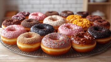 A collection of assorted donuts is displayed on a wire rack in a bakery setting, featuring different toppings and flavors. The vibrant colors and textures attract dessert enthusiasts. photo