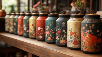 Colorful tea canisters with intricate floral patterns are neatly lined on a wooden shelf in a serene shop. The warm atmosphere invites customers to explore the selection. photo