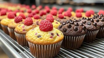 Freshly baked raspberry and chocolate chip muffins are displayed on a cooling rack in a bakery. The bright colors and appealing presentation make them tempting for customers. photo