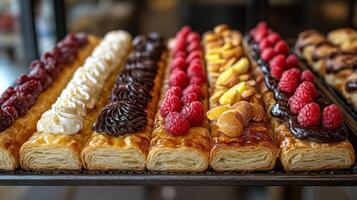 Freshly baked pastries lined up in a bakery showcase. Each pastry topped with cream, chocolate, fruits, and berries, inviting sweet lovers to indulge. photo