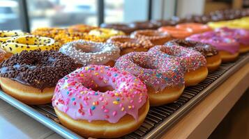 A vibrant selection of donuts, including chocolate, glazed, and colorful sprinkles, is neatly arranged on a tray in a cheerful bakery. Sunlight pours in through the windows, highlighting the treats. photo