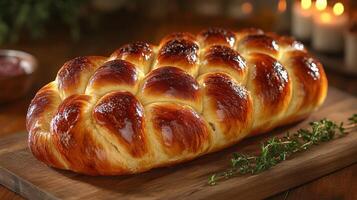 A freshly baked braided bread rests on a wooden board surrounded by herbs and flickering candles, creating a warm and inviting atmosphere perfect for sharing. photo