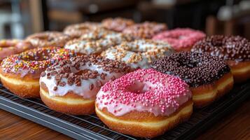 Various donuts topped with colorful icing and sprinkles are arranged on a tray. The cozy atmosphere of the cafe enhances the tempting display of sweet treats. photo